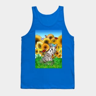 Cute cartoon cat and butterflies in a sunflower field Tank Top